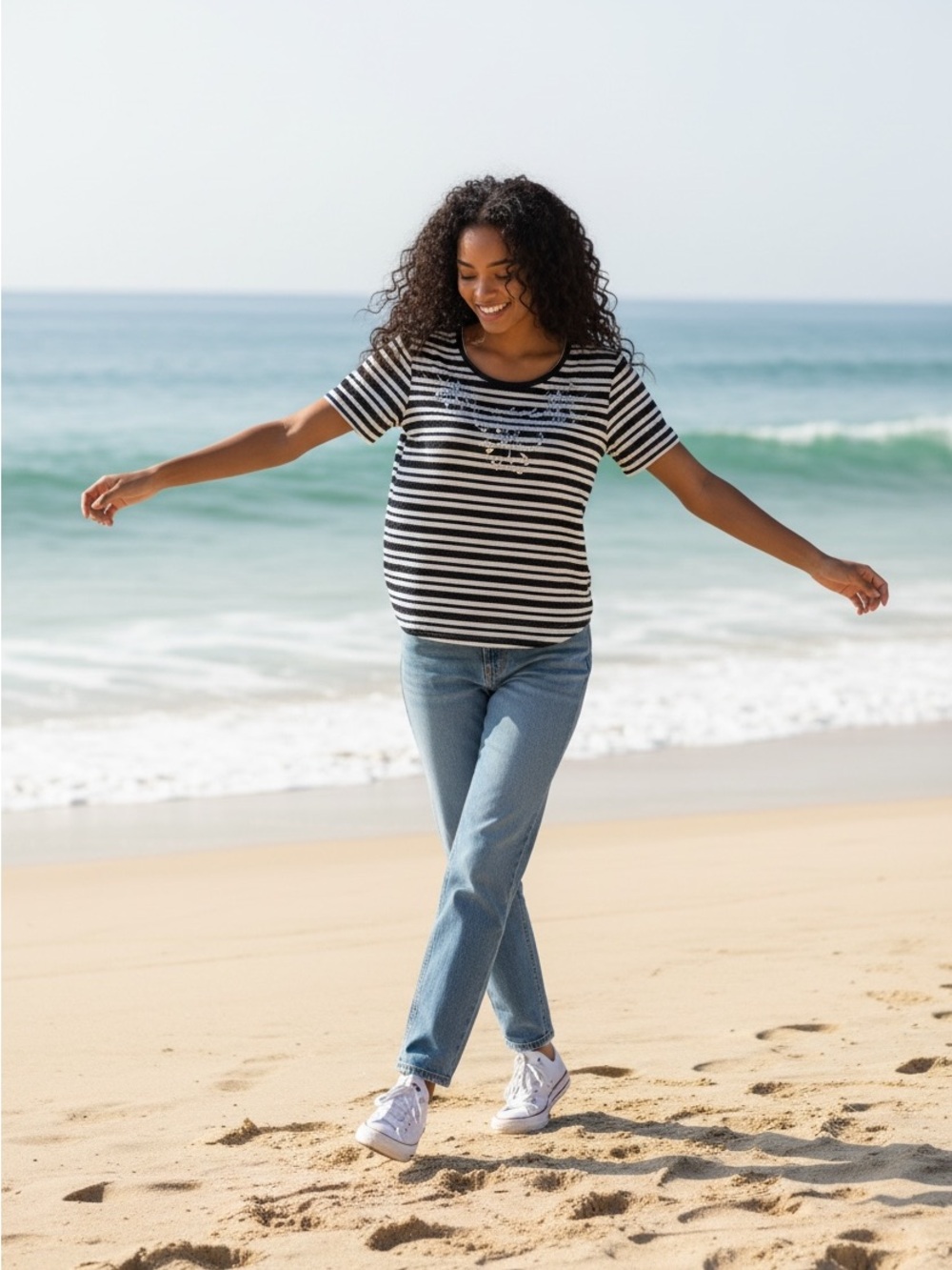 Cathy Daniels Black and White Striped Short Sleeve Top with silver sequins.